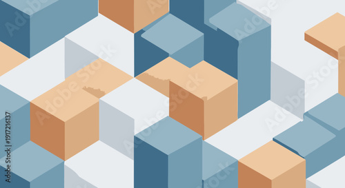 Geometric shapes in a 3D isometric grid, featuring cubes in varying shades of blue and orange, creating a visually striking pattern.