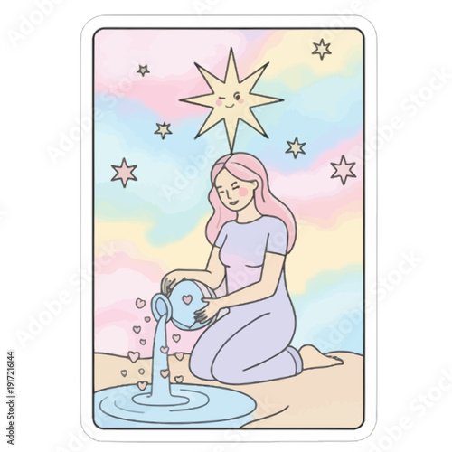 Tarot Card “The Star” Soft Pastel Colors Sticker Illustration | Cute Pastel “The Star” Tarot Card Digital Art | Whimsical Kawaii Tarot Card Illustration | Soft Color “The Star” Mystical Sticker 