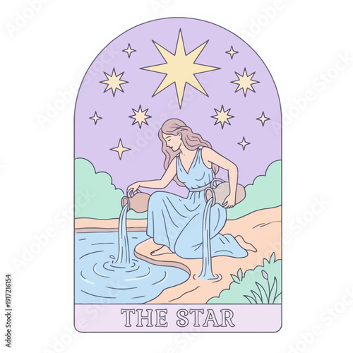 Tarot Card “The Star” Soft Pastel Colors Sticker Illustration | Cute Pastel “The Star” Tarot Card Digital Art | Whimsical Kawaii Tarot Card Illustration | Soft Color “The Star” Mystical Sticker 