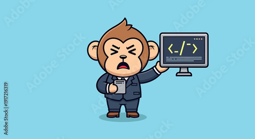 angry monkey programmer holding computer with code