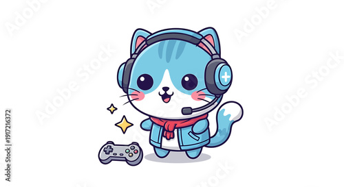 blue cat wearing headset and playing video games
