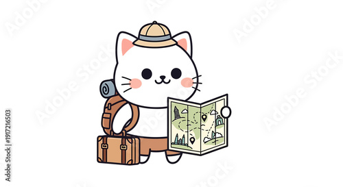 cartoon cat with luggage reading travel map