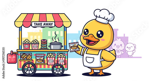 cartoon duck chef holding money near food cart