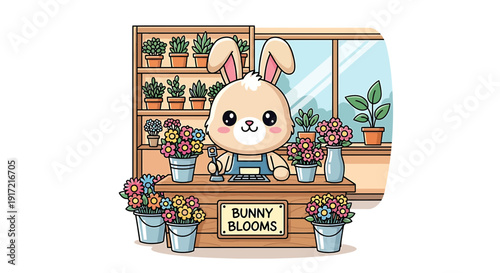 Cute bunny selling flowers at Bunny Blooms store