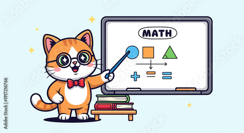 Cute cat teacher explaining math on whiteboard