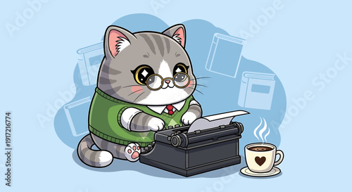 cute cat writing on vintage typewriter with coffee