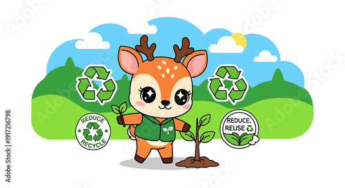Cute deer character promoting eco friendly living