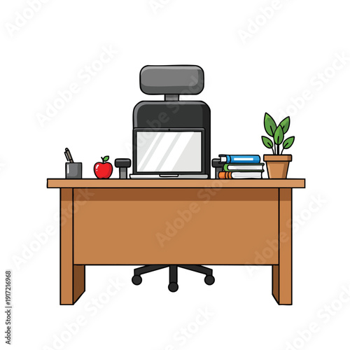 Clipart of a modern wooden desk with office supplies