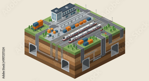 Isometric illustration of a modern railway station, high-speed trains, and freight logistics. Features underground tunnel networks for urban transportation infrastructure