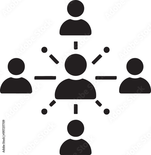 A diagram of a central figure connected to multiple surrounding figures. isolated on white background, illustration