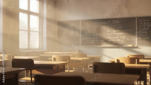 Empty School Classroom At Sunrise with Sunbeams Through Windows, and Chalkboard.