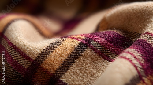 Close-up of a cozy plaid wool blanket with warm colors and soft texture.