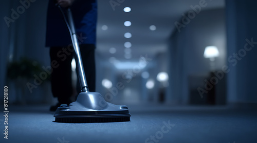 A person is using a floor polisher in the long hallway, suggesting cleanliness and order