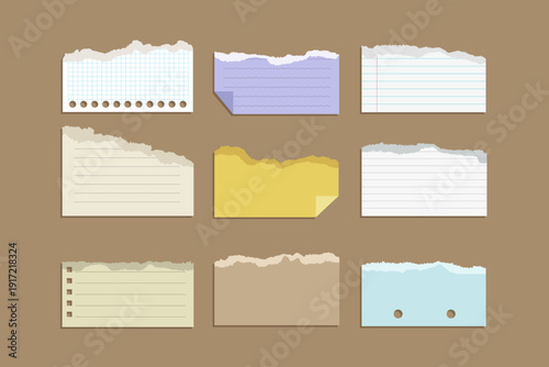 Ripped Note Paper Set. Pieces of Collage paper with torn jagged edge.