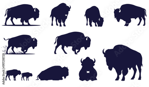 Bison Herd Silhouettes Collection: Diverse Poses in Flat Design Vector Illustration