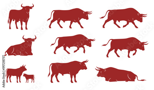 Bull Silhouettes Collection: Diverse Poses Vector Illustration