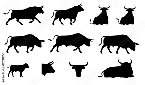 Bull Silhouettes Collection: Dynamic Poses and Head Illustrations, Flat Design Vector
