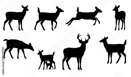 Deer family set running standing walking flat design vector illustration black silhouette