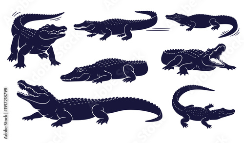 Set of crocodiles in various poses and actions, dark blue vector illustration