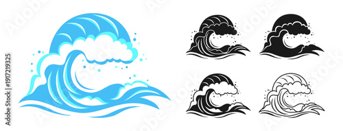 Sea Tsunami wave for logo. Water splashes, flowing abstract ocean linear and silhouette set. Wave beach icons graphic dynamic liquid motion, modern marine elements and fluid aquatic forms illustration