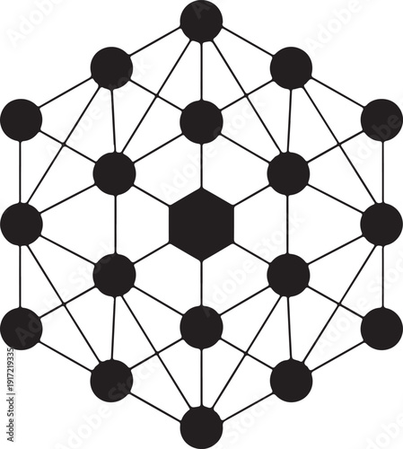 A complex network diagram featuring interconnected nodes and a central hexagon. isolated on white background, illustration