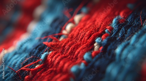 Close-up of vibrant red and blue woven fabric texture with intricate details.