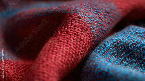 Close-up of vibrant red and blue woven fabric texture.