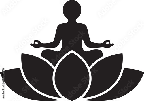 A black and white illustration of a person meditating on a lotus flower isolated on white background, illustration
