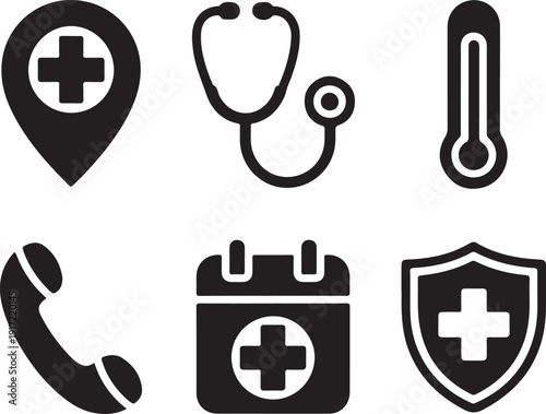 Icons representing various aspects of healthcare and medical services isolated on white background, illustration