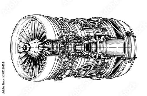 Modern jet turbine engine cross section showing internal fan blades vector design