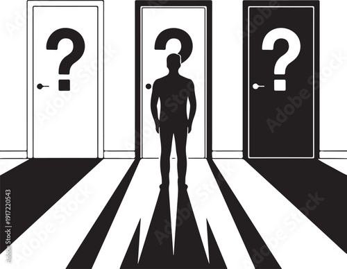 A person standing in front of three doors, each with a question mark on it. isolated on white background, illustration