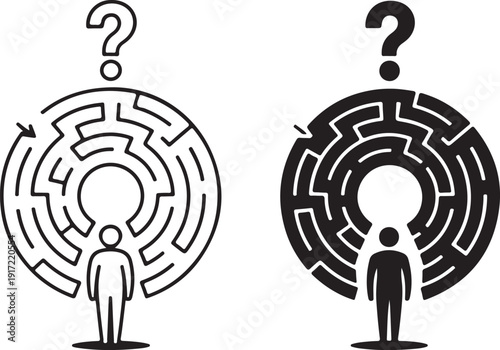 Two individuals navigating through different maze-like structures with question marks above them. isolated on white background, illustration
