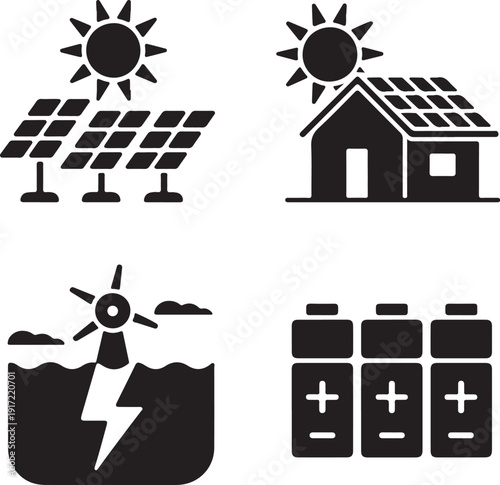 Sustainable energy sources and storage solutions for modern homes isolated on white background, illustration