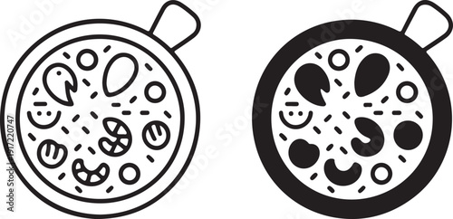 Two different pizzas with various toppings and designs on them isolated on white background, illustration