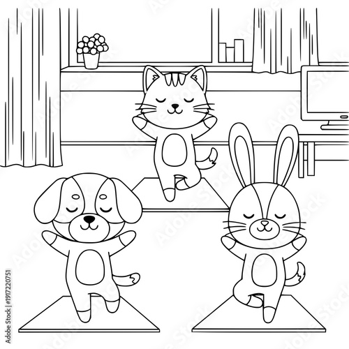 Cute animals practicing yoga together in a cozy home setting