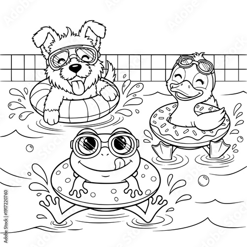 Friendly dog, duck, and frog swimming together in pool with goggles