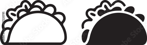 Two distinct black and white illustrations of a taco and a sandwich isolated on white background, illustration