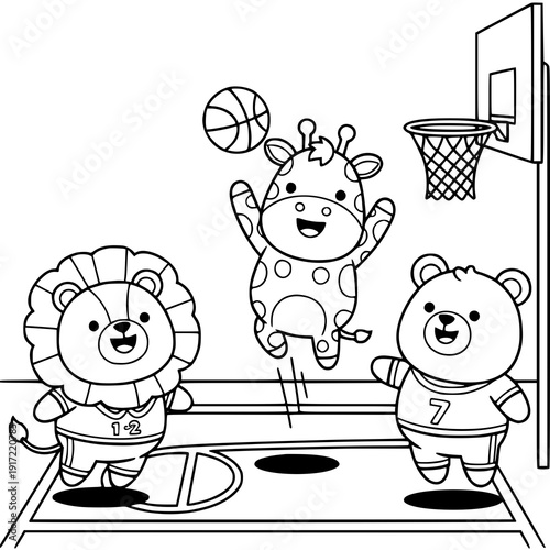 Friendly animals playing basketball together in fun scene