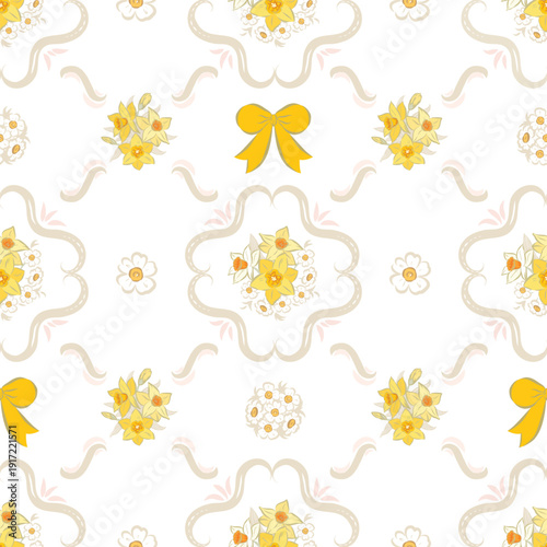 Seamless pattern of daffodil and daisies flower isolated on transparent background for decoration and textile. You can edit shape and background