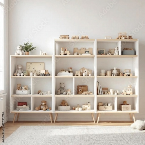 Modern kids room interior with organized wooden toys on stylish white and wood bookshelves