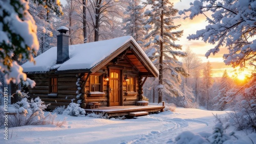 Cozy wooden cabin in snowy winter forest at golden hour sunset