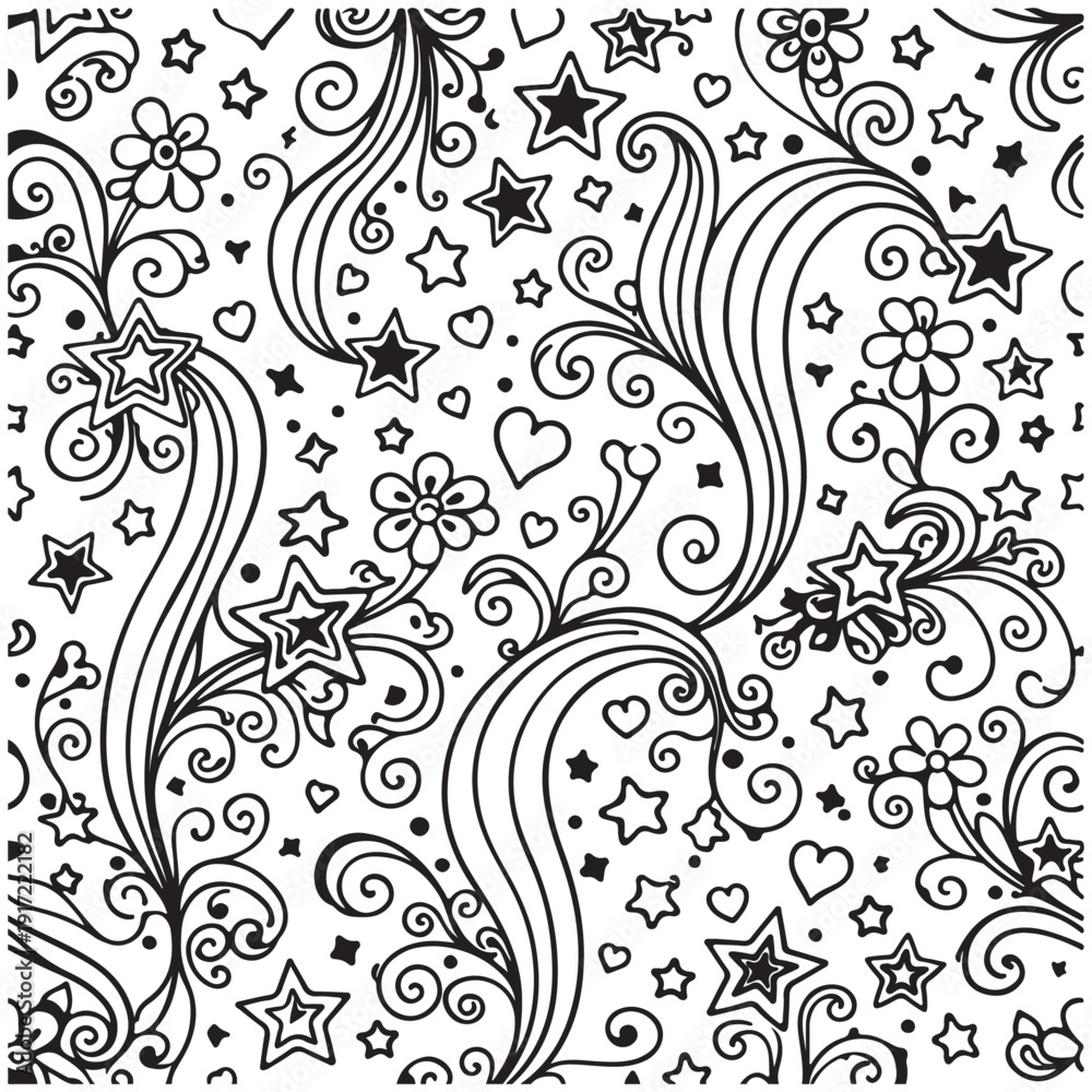 Fototapeta premium Intricate black and white pattern with swirls, stars, and hearts