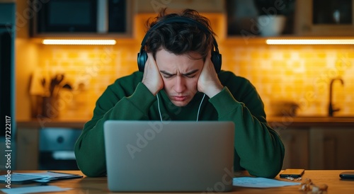 Stressed young man with headphones rubbing his temples over a laptop in a home workspace, showing burnout, fatigue and frustration from remote work or online study and deadlines