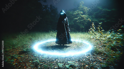 A mysterious figure standing within an illuminated circle in the dark forest. The image evokes a sense of enchantment and the unknown.