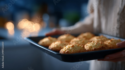 A tray of fresh-baked biscuits held by a person
