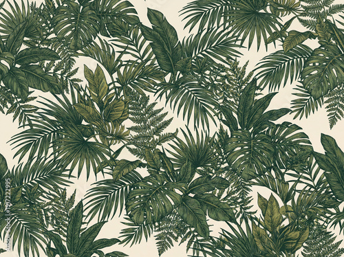 Seamless tropical jungle leaf pattern with dark green monstera, palm, banana, and fern leaves on a cream background, in a vintage engraved botanical illustration style.