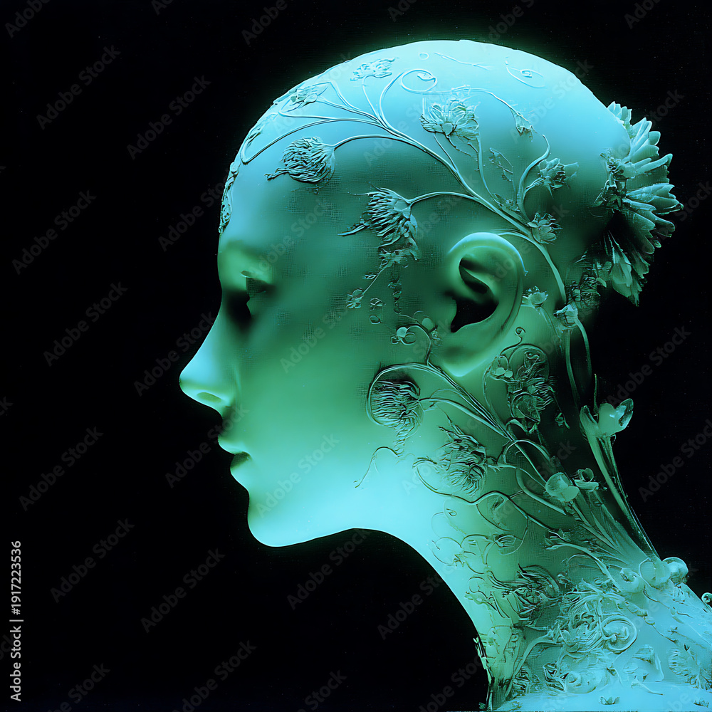 Obraz premium An illuminated sculpture of a woman's head with floral designs. The sculpture glows with a soft, ethereal light against a dark background, highlighting the intricate details of the artwork