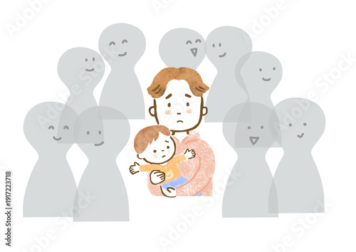 幼い男の子を抱いた、孤独を感じている父親のイラスト

