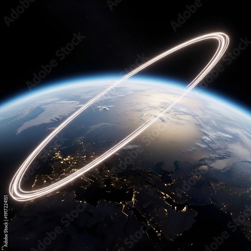 Glowing Ring Orbiting Earth at Night with City Lights Below.
