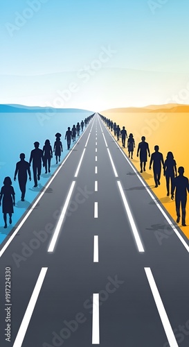 Silhouettes of people walking on a divided road towards a bright horizon.